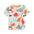 White cotton boys' T-shirt featuring a colorful dinosaur print and orange crew neck collar - 2T