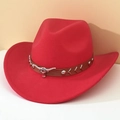 Red wool jazz fedora hat with brown leather band featuring a silver bull head emblem - M (56-58cm) / Red (Khaki Bull Head Band)
