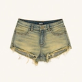 Pantaloncini di jeans SMFK blu vintage con orlo sfilacciato e dettagli strappati - M / Color Formaggio