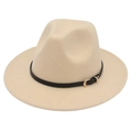 Classic beige wool fedora jazz hat with a black leather band and gold buckle detail - M (56-58cm) / Beige (Black Leather Band)