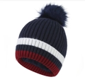 Berretto invernale a maglia blu navy con strisce bianche e rosse e pompon in pelliccia - Taglia unica / Blu navy