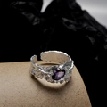 Irregular S925 sterling silver ring featuring a textured band and purple gemstone - Silver / Open Size 14 (Adjustable 12-17)