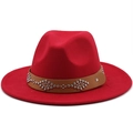 Classic red wool fedora hat with wide brim and studded brown leather decorative band - Red