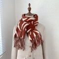 Detail of red and white striped winter scarf featuring soft wavy pattern and fringe edges - 185*65cm / Tan
