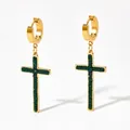 Punk style gold plated stainless steel hoop earrings with green rhinestone cross charms - Gold with Green Zirconia