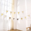 White Happy Birthday banner with gold foil triangle flags for party decoration - White