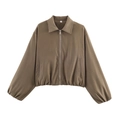 Detail shot of a cropped brown baseball jacket with zip-up front and pleated hemline - Olive Green