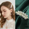 Elegant gold leaf hair clip with white pearls and sparkling rhinestones for women - 7cm Rosemary Rhinestone Spring Clip