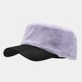 Detail of plush faux fur flat top hat with faux snakeskin brim in light purple and black - Purple