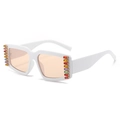 White square frame sunglasses with colorful rhinestones and light amber tinted lenses - White Frame Pink Lens