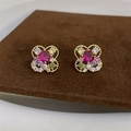 Vintage gold flower earrings with red center stone and multicolor pavé crystals - A8 Gold Ruby Color Flower Stud Earrings
