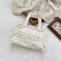 Pastel floral canvas tote bag with elegant lace trim and blue flower patterns - White