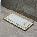 Modern white marble effect bathroom tray with gold metal frame, 28.5x14x5cm size - Small White Gold (Glass Base)