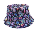 Close-up of vibrant mushroom print and detailed stitching on the reversible bucket hat - Colorful Mushroom