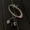 Oval metal keychain with star carabiner, silver dice and black number 8 pool ball charm - Star Oval Ring + Dice + Black 8 Ball