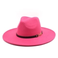 Detail of rose red fedora hat with elegant black leather band and gold chain buckle - M (56-58cm) / Rose Red