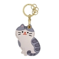 Porte-clés chat mignon en cuir gris et blanc avec attaches dorées et coutures précises - British Shorthair