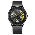 Men's wheel rim watch with black mesh strap and yellow brake caliper detail - Black Case Yellow Caliper - Black Mesh Band