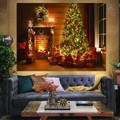 Christmas wall tapestry with a warm fireplace and decorated tree for room decor - 90x60cm / Style 6-Realistic Photo Red Green Fireplace