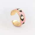 Detailed side view of golden pink enamel evil eye open ring with adjustable band - Adjustable Open / Pink