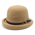 Detail view of khaki knit bucket hat with brown leather strap and metal rivets - M (56-58cm) / Camel