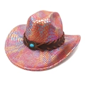 Colorful snake pattern cowboy hat with turquoise emblem and braided leather band - M(56-58cm) / Red
