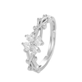 Silver leaf ring with heart-cut stones in a creative vine-shaped design - Silver Heart Zirconia Flower Ring (11070)