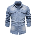 Detail of light blue denim shirt featuring a turn-down collar and chest pockets - S / Light Blue (No Label)