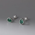 S925 sterling silver screw back stud earrings featuring a green pear cut zircon - 990 Silver / Green
