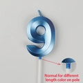 Blue metallic number 9 birthday candle with white base pole on white background - Number 9 / Blue