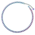 Macro detail of rainbow stainless steel Cuban link chain with adjustable clasp and tag - Rainbow