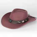 Detail of burgundy wool fedora featuring leather band with floral embroidery and bull head stud - Adjustable / Taro Purple