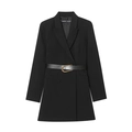 Elegante vestido blazer negro de doble botonadura con cuello en V y cinturón con hebilla - XS / Negro