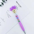 Purple microfiber fuzzy head smile pen with capacitive stylus tip and striped clip - Purple