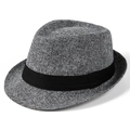 Close-up of the grey woven tweed texture and black ribbon band on a classic fedora hat - Dark Gray