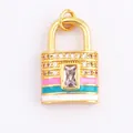 Golden micro-pave lock pendant featuring colorful enamel stripes and sparkling zircons - Pink White Blue Enamel Lock / Neon Yellow