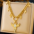 Collana a catena cubana dorata con ciondolo angelo alato e croci in una scatola regalo - Stile Ala d'Angelo e Croce (N3204)