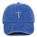 Front view of a blue vintage washed cotton baseball cap with faith cross embroidery. - Adjustable / Sapphire Blue