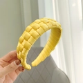 Detail of hand-woven bright yellow satin headband with textured silk finish - Yellow