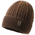 Men's winter knit beanie in dark brown with fleece lining and thick cable knit design - One Size / Deep Beige