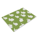 Green rectangular linen placemat featuring repetitive white rabbit silhouette patterns - CD002-1 Green Rabbit Silhouette