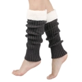 Detail of dark grey knit leg warmers featuring thick white faux fur lining and plush cuffs - One Size / Dark Gray