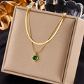 Double-layered gold necklace with green square gem pendant in a beige jewelry box - Green Square Zirconia Double Layer Style / Gold