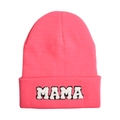 Detailed view of hot pink ribbed knit beanie with white fuzzy MAMA 3D embroidery - MAMA-Adult Style / Rose Pink
