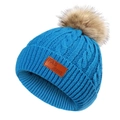 Bonnet en tricot bleu pour enfants avec grand pompon en fausse fourrure brune - 40-50CM / Bleu