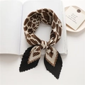 Pleated square scarf featuring brown giraffe print and black color-blocking detail - Brown Giraffe Print