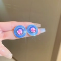 Close-up of vintage oval crystal earrings with blue enamel and red rose floral pattern - Silver Needle Rose Flower Stud Earrings - Blue (3#)
