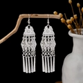 Ethnic bohemian silver-tone flower earrings with long fringe tassels in vintage style - Floral Rhombus Long Tassel Style (E4598-1)