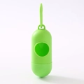 Vertical view of green capsule-shaped dog waste bag dispenser with hanging hook - Green