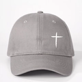 Close-up of grey baseball cap showing detailed fabric texture and white cross embroidery - One Size / Gray